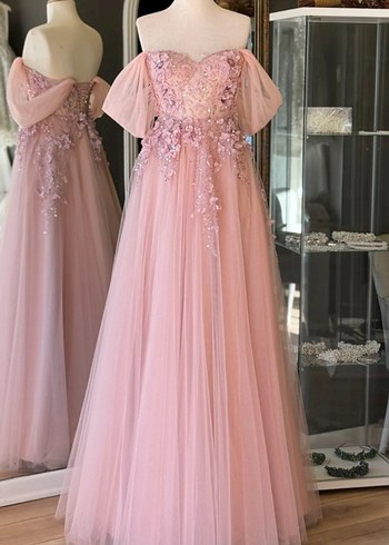 Dantel İşlemeli Pembe Straplez Uzun Abiye