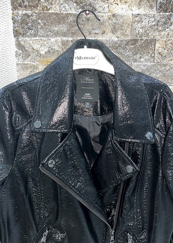 Siyah Deri Biker Ceket Kemer Detaylı - Görsel 3