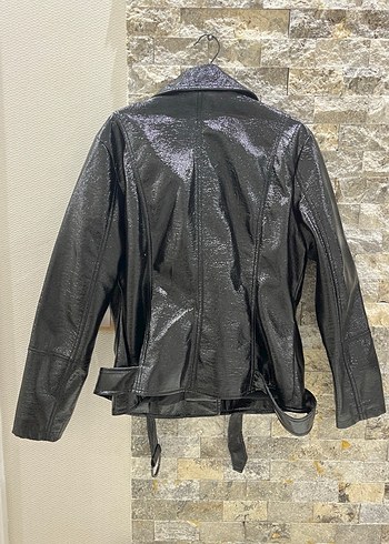 Siyah Deri Biker Ceket Kemer Detaylı - Görsel 6