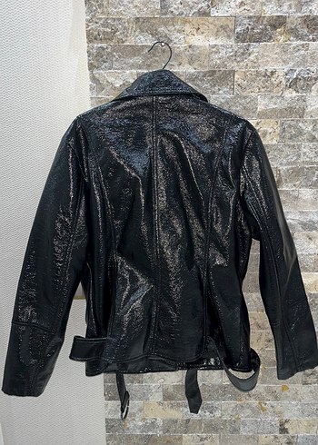 Siyah Deri Biker Ceket Kemer Detaylı - Görsel 5