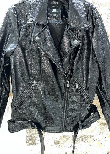 Siyah Deri Biker Ceket Kemer Detaylı - Görsel 4