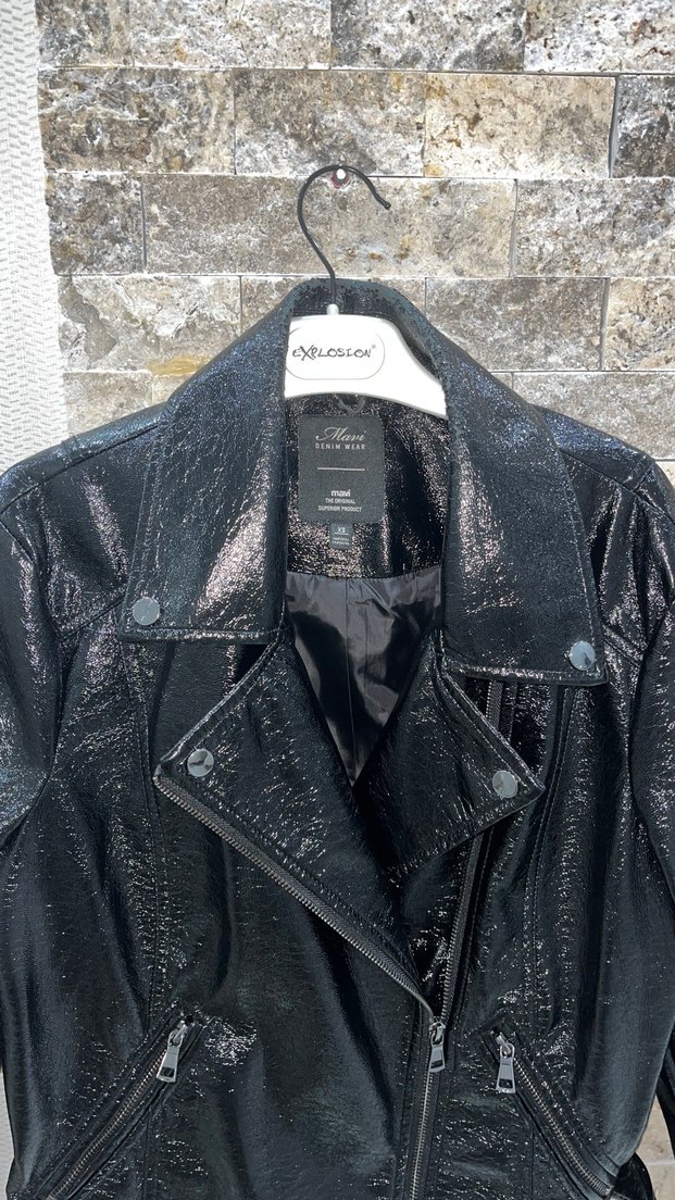 Siyah Deri Biker Ceket Kemer Detaylı - Görsel 3