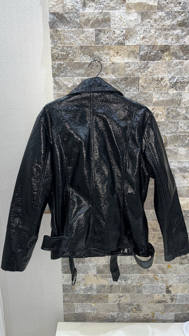 Siyah Deri Biker Ceket Kemer Detaylı - Görsel 5