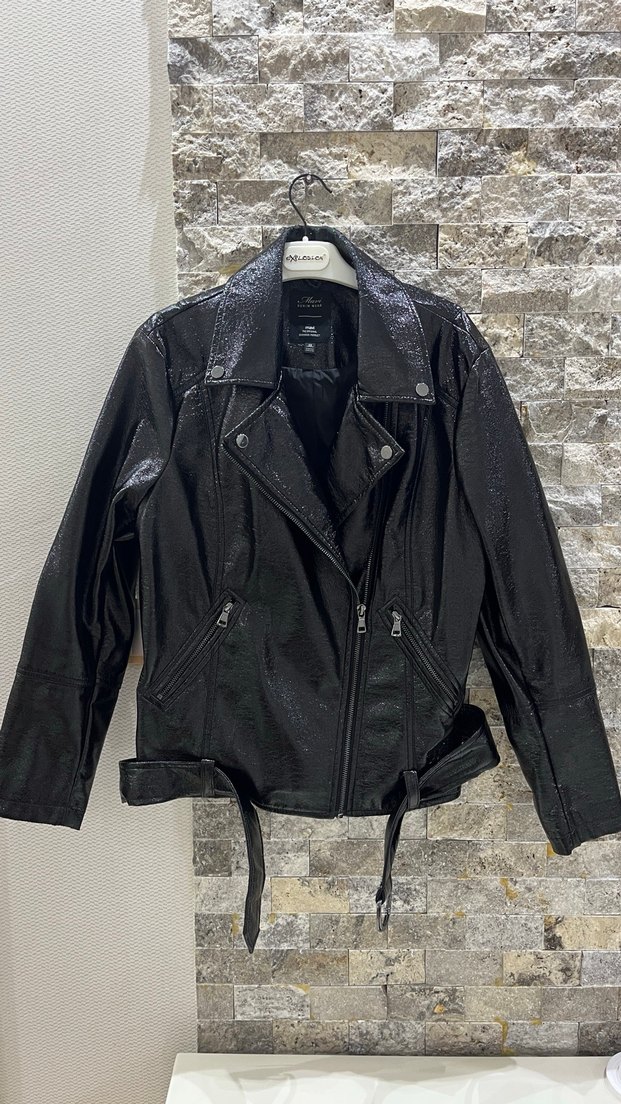 Siyah Deri Biker Ceket Kemer Detaylı - Görsel 2