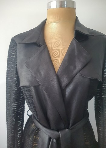 Diğer Siyah Deri Gorunumlu Kemerli Gotik Kadın Trençkot