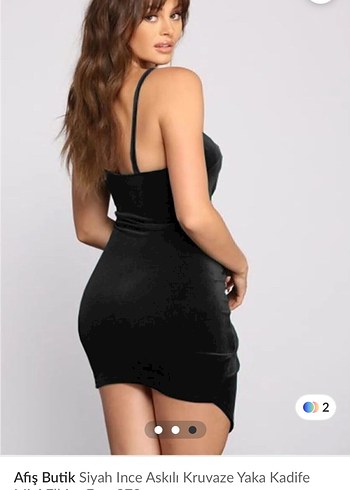 Siyah İnce Askılı Kruvaze Kadife Mini Elbise - Görsel 2