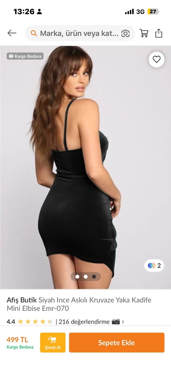 Siyah İnce Askılı Kruvaze Kadife Mini Elbise - Görsel 2