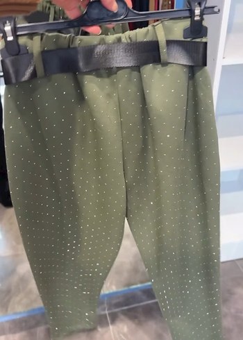 Kemerli Kadın taşlı italyan Süet Pantolon - Haki - Görsel 3