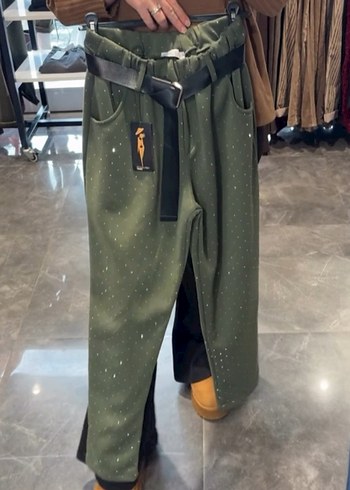 Kemerli Kadın taşlı italyan Süet Pantolon - Haki - Görsel 2