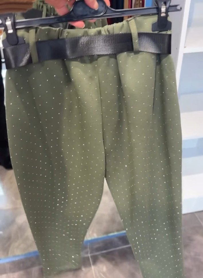 Kemerli Kadın taşlı italyan Süet Pantolon - Haki - Görsel 3