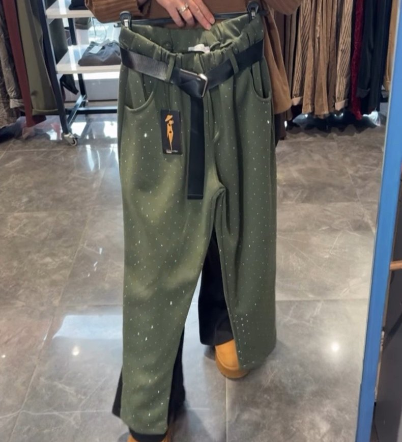 Kemerli Kadın taşlı italyan Süet Pantolon - Haki - Görsel 2