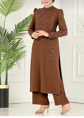 Uzun Kollu Kahverengitessettür tunik elbise - Görsel 6