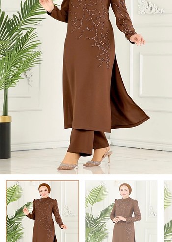 Uzun Kollu Kahverengitessettür tunik elbise - Görsel 5