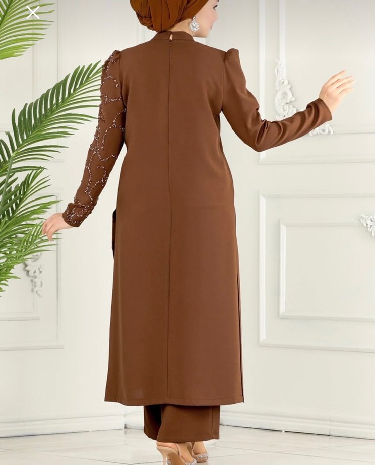Uzun Kollu Kahverengitessettür tunik elbise - Görsel 4