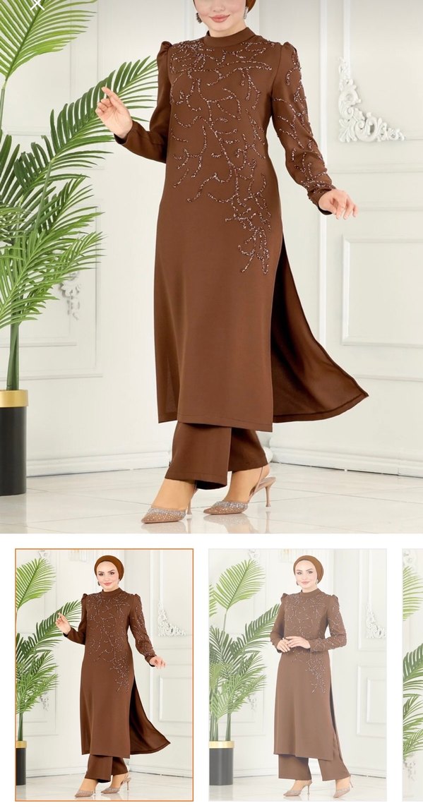Uzun Kollu Kahverengitessettür tunik elbise - Görsel 5