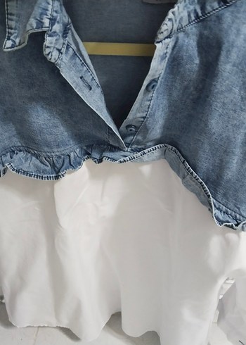 Gri Beyaz Denim Detaylı Kadın Gömlek - Görsel 4