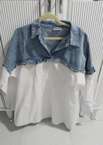 Gri Beyaz Denim Detaylı Kadın Gömlek - Görsel 2