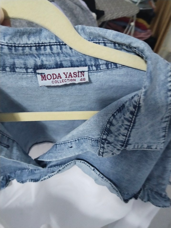 Gri Beyaz Denim Detaylı Kadın Gömlek - Görsel 5