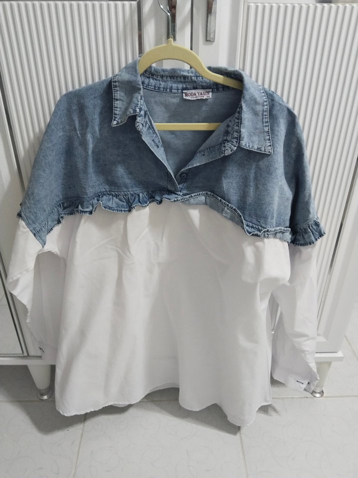 Gri Beyaz Denim Detaylı Kadın Gömlek - Görsel 2