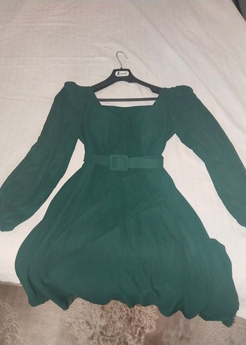 Kemer Detaylı Koyu Yeşil Uzun Kadın Elbise - Görsel 6