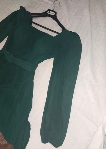 Kemer Detaylı Koyu Yeşil Uzun Kadın Elbise - Görsel 4