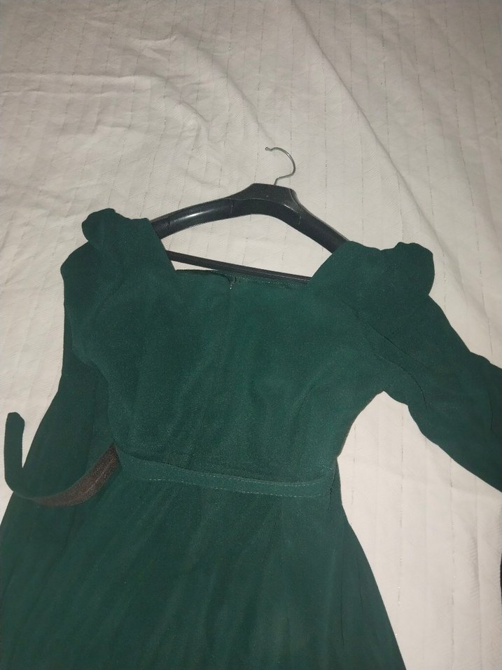 Kemer Detaylı Koyu Yeşil Uzun Kadın Elbise - Görsel 5