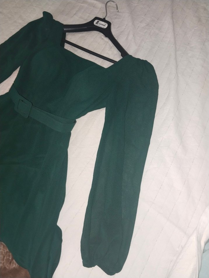 Kemer Detaylı Koyu Yeşil Uzun Kadın Elbise - Görsel 4