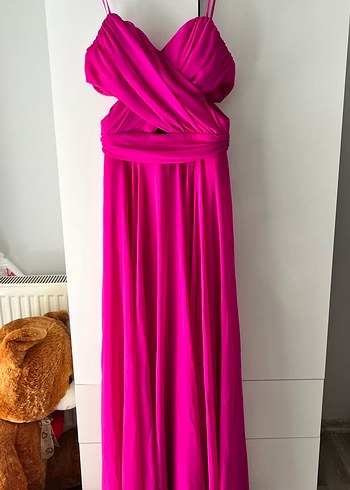 Abiye Pembe Drapeli Uzun Abiye Elbise