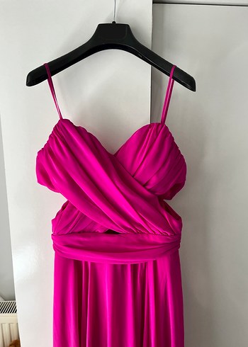 Pembe Drapeli Uzun Abiye Elbise