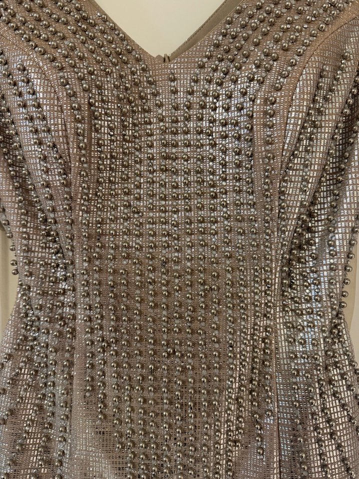 V Yaka Payetli Bej Yılan Desenli Uzun Elbise - Görsel 2