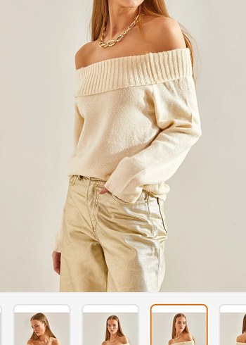 Ekru Madonna Yaka Triko Salaş Kazak - Görsel 2