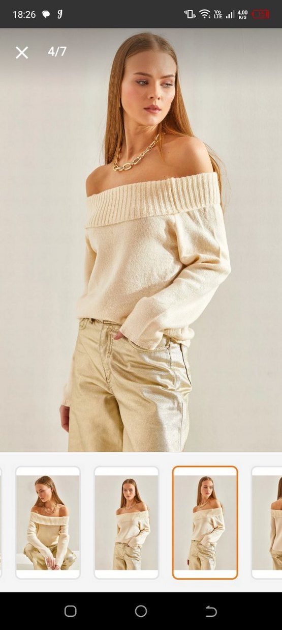 Ekru Madonna Yaka Triko Salaş Kazak - Görsel 2