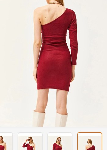 Bordo Tek Kollu Midi Örme Elbise - Görsel 4