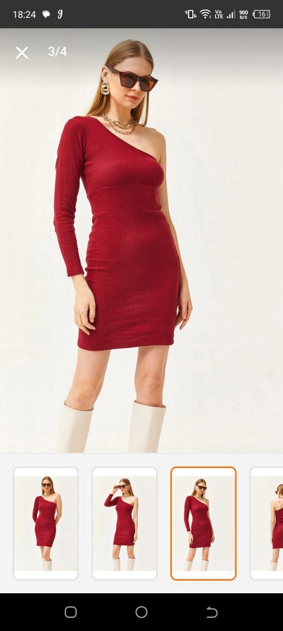 Bordo Tek Kollu Midi Örme Elbise - Görsel 3