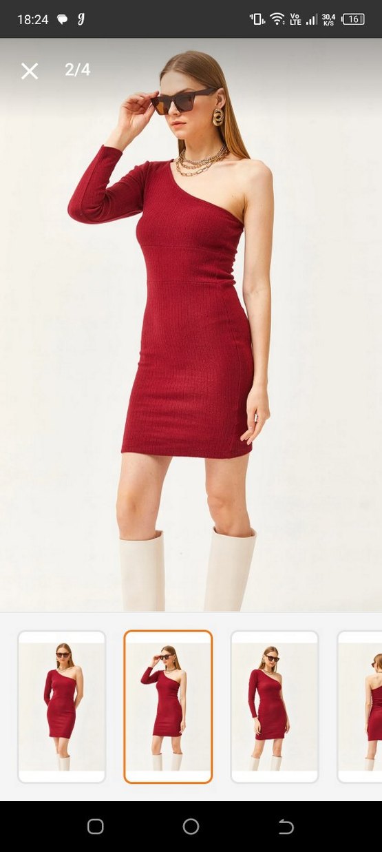 Bordo Tek Kollu Midi Örme Elbise - Görsel 2