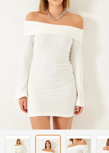 Beyaz triko Mini elbise - Görsel 2