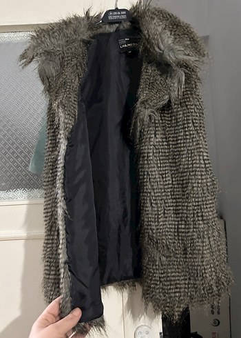 Kahverengi Suni Kürk Detaylı Midi yelek - Görsel 4