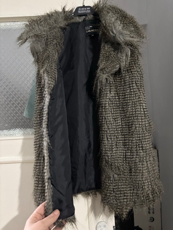 Kahverengi Suni Kürk Detaylı Midi yelek - Görsel 4