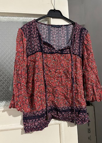 Turkuaz bordo ve yeşil renkte V Yaka Bohem Düğmeli şifon Bluzlar - Görsel 6