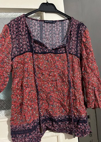 Turkuaz bordo ve yeşil renkte V Yaka Bohem Düğmeli şifon Bluzlar - Görsel 7