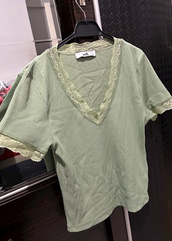 adL Yeşil Dantel Detaylı Kadın tişörtleri - Görsel 7