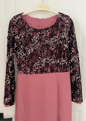 Dantel Detaylı Uzun Kollu Pembe Abiye Elbise - Görsel 2