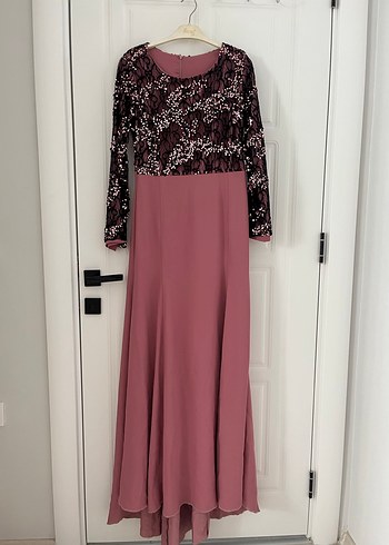 Dantel Detaylı Uzun Kollu Pembe Abiye Elbise - Görsel 5