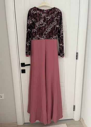 Dantel Detaylı Uzun Kollu Pembe Abiye Elbise - Görsel 7