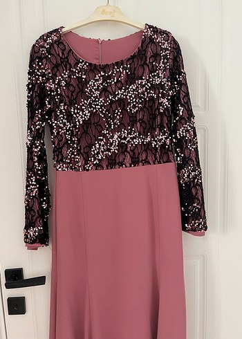 Dantel Detaylı Uzun Kollu Pembe Abiye Elbise - Görsel 4