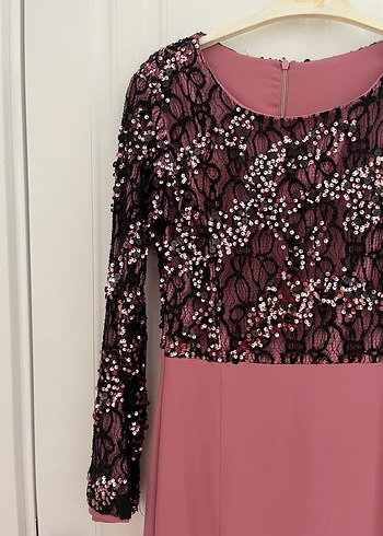 Dantel Detaylı Uzun Kollu Pembe Abiye Elbise - Görsel 3