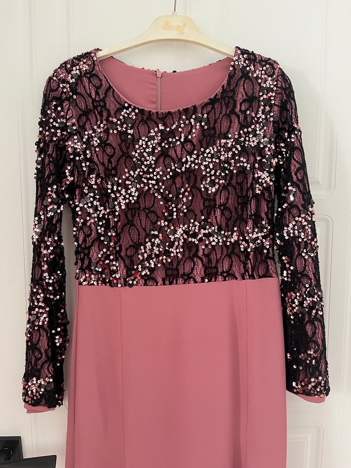 Dantel Detaylı Uzun Kollu Pembe Abiye Elbise - Görsel 2