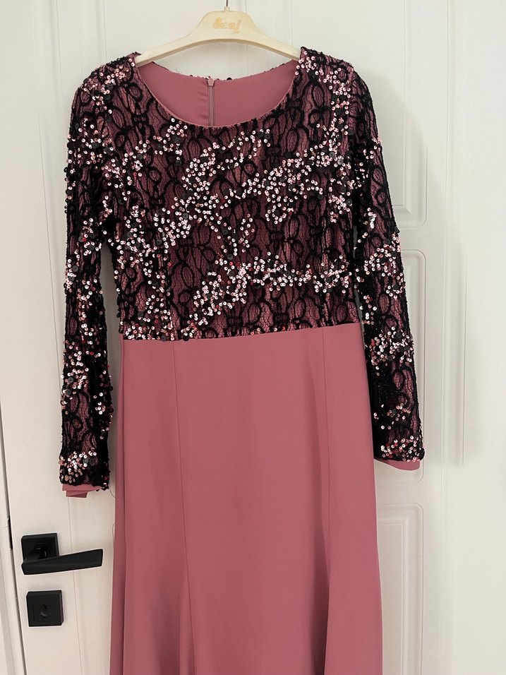 Dantel Detaylı Uzun Kollu Pembe Abiye Elbise - Görsel 4