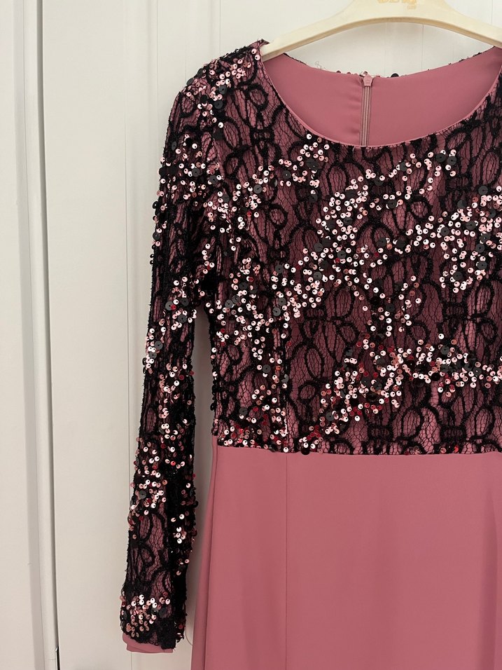 Dantel Detaylı Uzun Kollu Pembe Abiye Elbise - Görsel 3