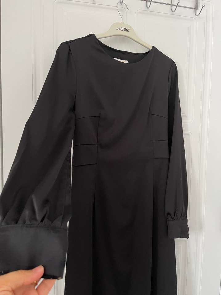 Siyah Uzun Kollu Minimalist Uzun  Abiye Elbise - Görsel 2